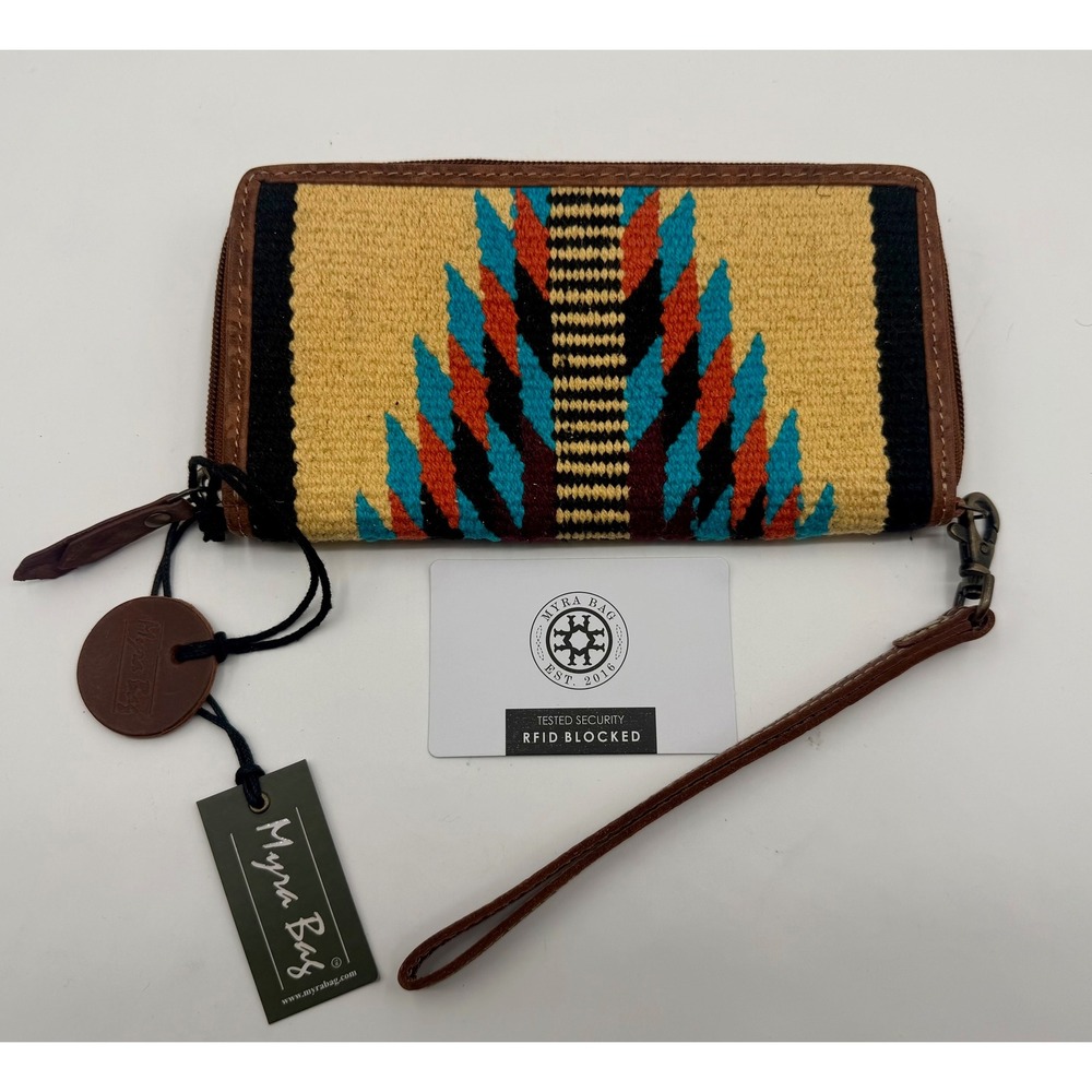 Myra Bag Southwestern Aztec Woven Leather Zip Around Wristlet Wallet RFID